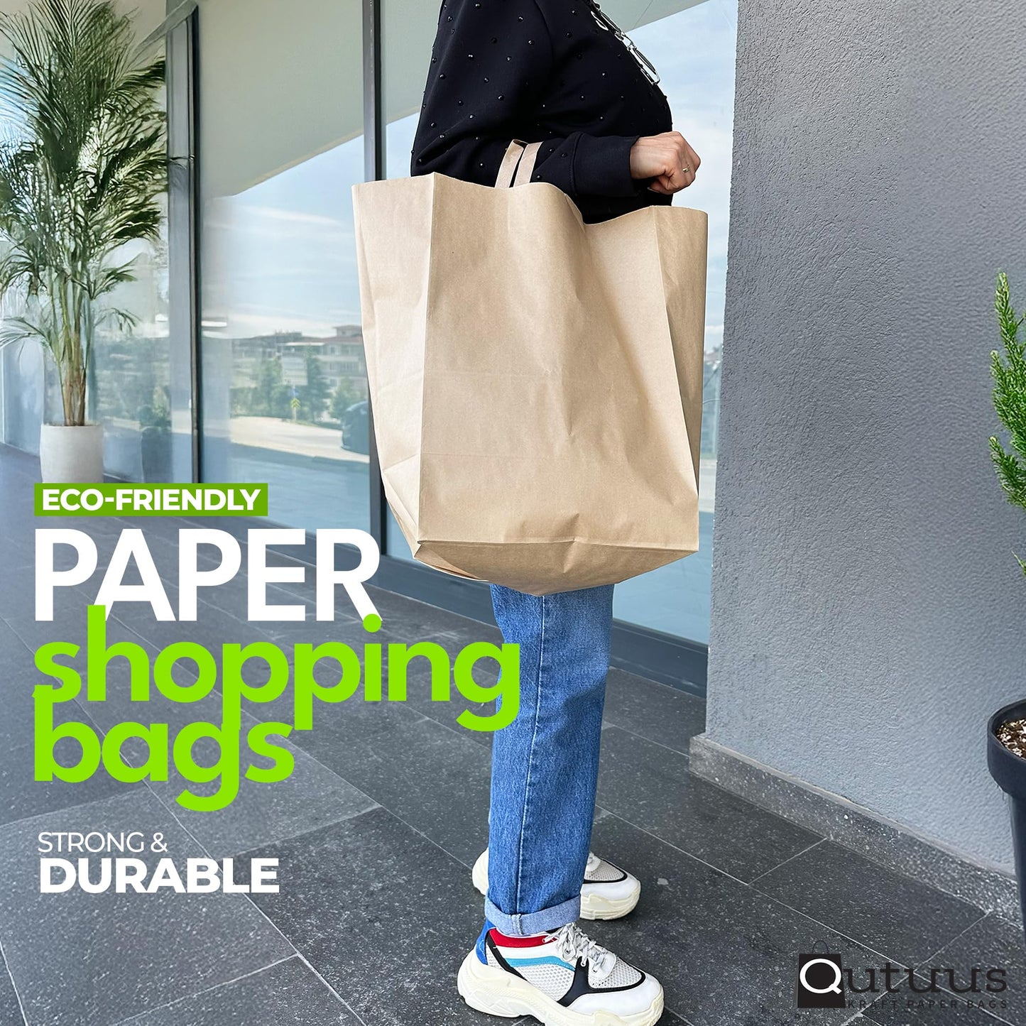Qutuus Brown Paper Grocery Bags with Handles, Large Brown Paper Bags with Handles Bulk, 12x7x17 inches 50pcs Large Grocery Bag