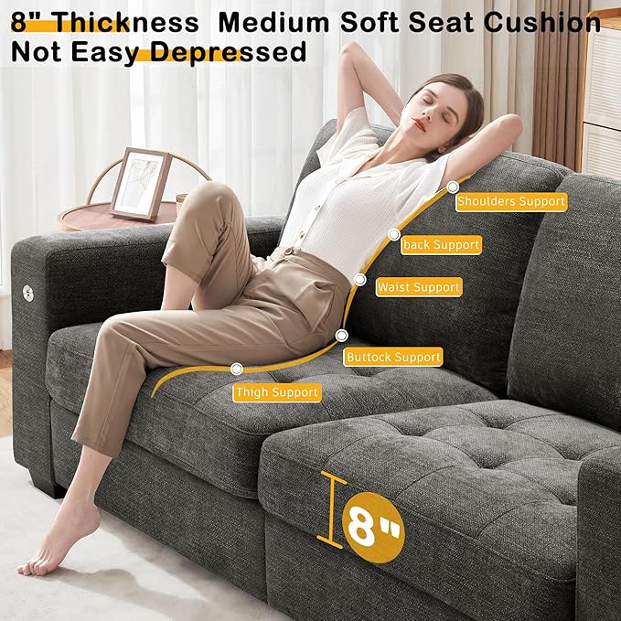 Hanherry 89" Sofa for Living Room, Modern Comfy Couch with Medium Firm Seat Cushion, Removable Cover,Wide Armrest,USB/Type-C Port,Chenille Fabric Couches for Small Space,Apartment