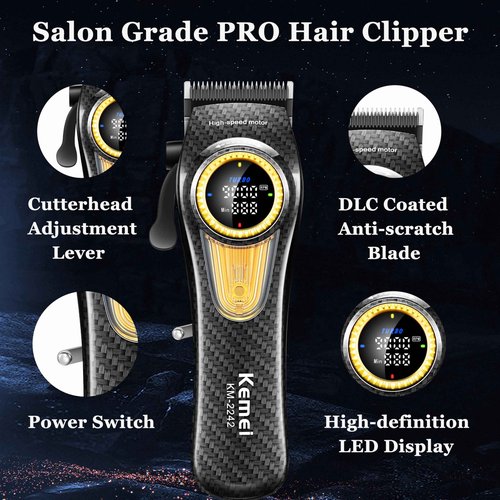 KEMEI 2242 Professional Hair Clippers for Men, Cordless Barber Clipper with LED Display & Charging Base, Hair Cutting Tools, 9000 RPM Super Torque Motor, Black