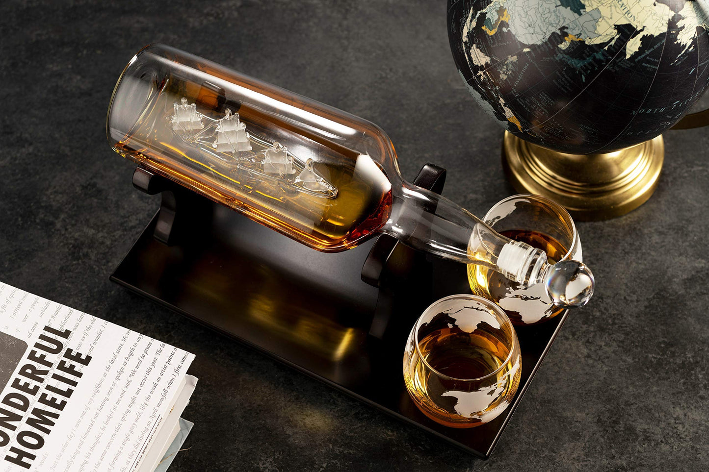 Godinger Ship In A Bottle Whiskey Decanter and Whiskey Glasses Bar Set, for Liquor Scotch Bourbon, Gifts for Men Clear