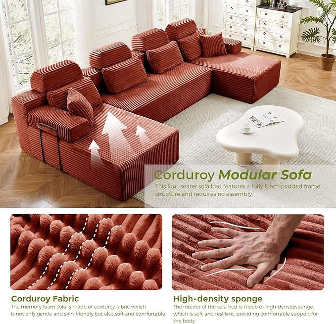 141" U-Shaped Cloud Modular Sectional Sofa with Chaise & Headrest, Boneless Deep Seat Plush Corduroy Couches for Large Living Room, No Assembly Required (Orange, 141" U-shapred Chaise)