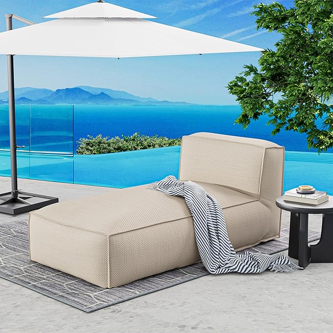 OPEAK Outdoor Bean Bed Chair Sun Lounger, Outdoor Couch Sofa for Patio & Pool, Foam Filling Day Bed Furniture, Comfy Lazy Sofa for Outside, Water-Resistant Seating Lounge Chair, Light Beige