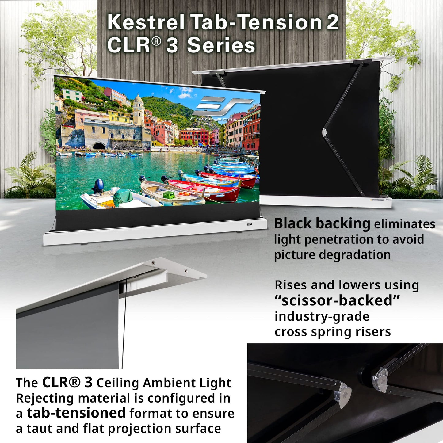 Elite Screens Kestrel Tab-Tension 2 CLR3, 101" 16:9, Ultra-Short Throw Ceiling Ambient Light Rejecting (CLR/ALR) Electric Floor-Rising Motorized Front Projector Screen,White Casing, FTE101XH3-CLR3