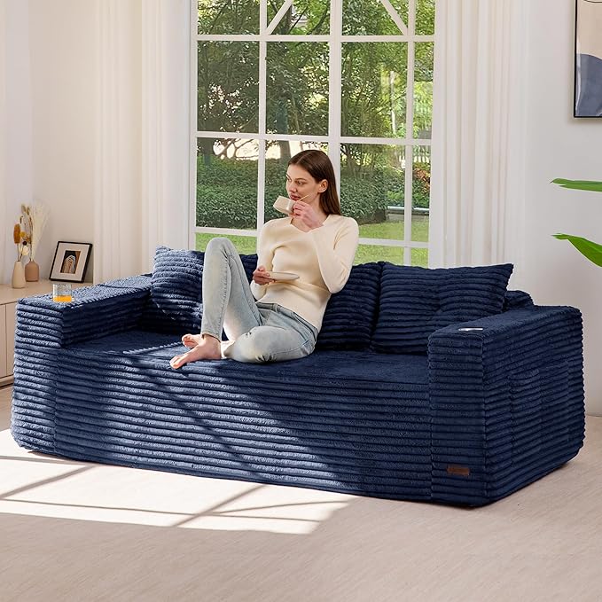 MAXYOYO 79" Oversized Boneless Loveseat Sofa Couch for Small Spaces, Mini Love Seat Floor Couch with Cup Holders and Pillows, 3-Seater Upholstered Cloud Couch for Bedroom, No Assembly Required