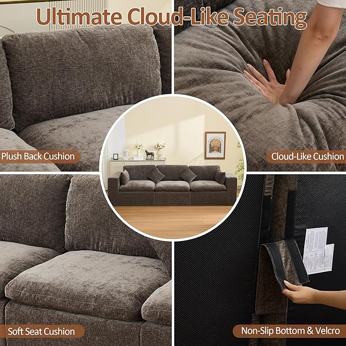 115''Cloud Boneless Sectional Couch, Modular Sectional Sofa Deep Seat, Oversized Upholstered Convertible Comfy 3 Seater Chenille Memory Foam Sofa Couches for Living Room, Brown