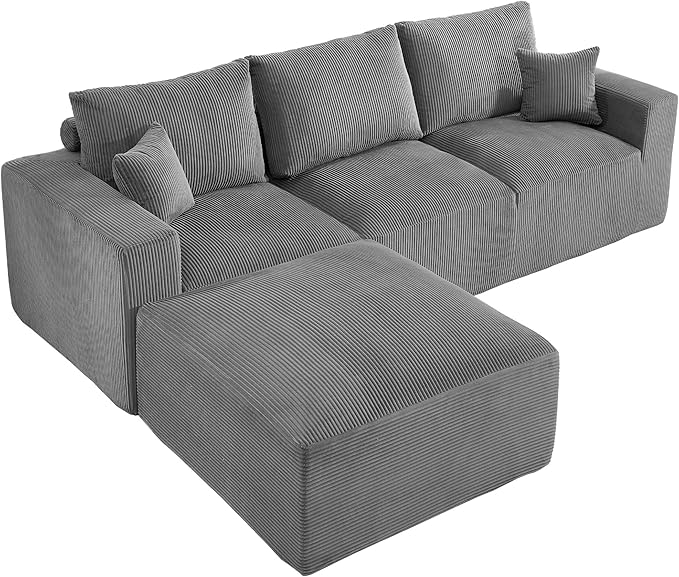 113" Modular Sectional Sofa, Compression Sofa with Deep Seat, Convertible L Shape Couch with Ottoman, Upholstered Couches for Living Room Bedroom,No Assembly Required (Grey Corduroy, 113" L Shape)