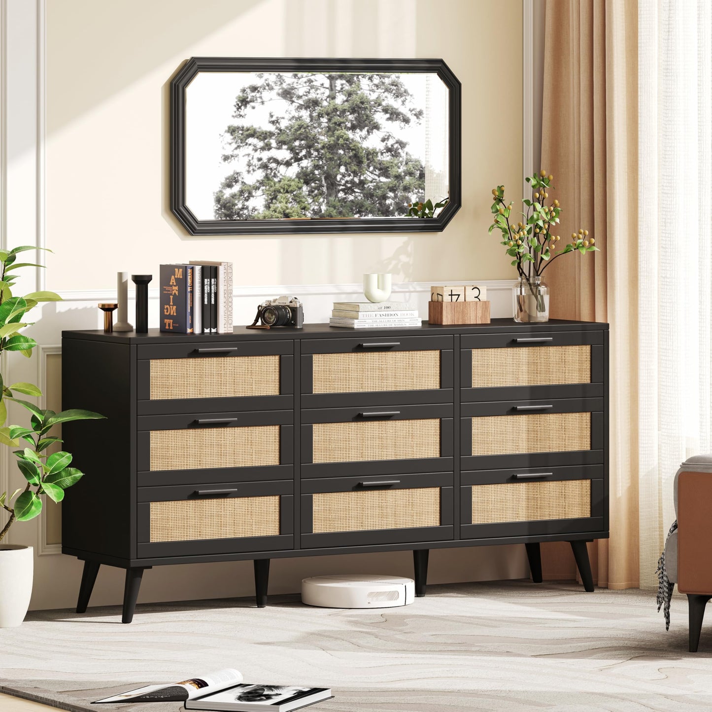 Rovaurx 9 Drawer Double Dresser for Bedroom, Rattan Chest of Dressers, Modern Wooden Dresser Chest with Golden Handles, Beside Table for Closet, Living Room and Entryway, Black and Natural