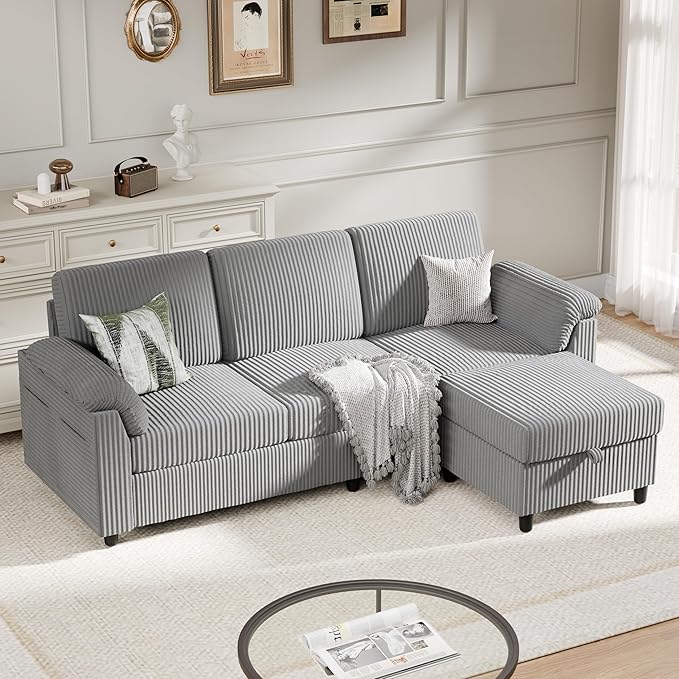 Meilocar Sectional Sofa Couch for Living Room, 79" Sectional Couches with Storage Ottoman, L Shaped Couch with Sloping Armrests Side Storage Pockage, 3-Seat Sofa Couches for Small Space, Light Grey
