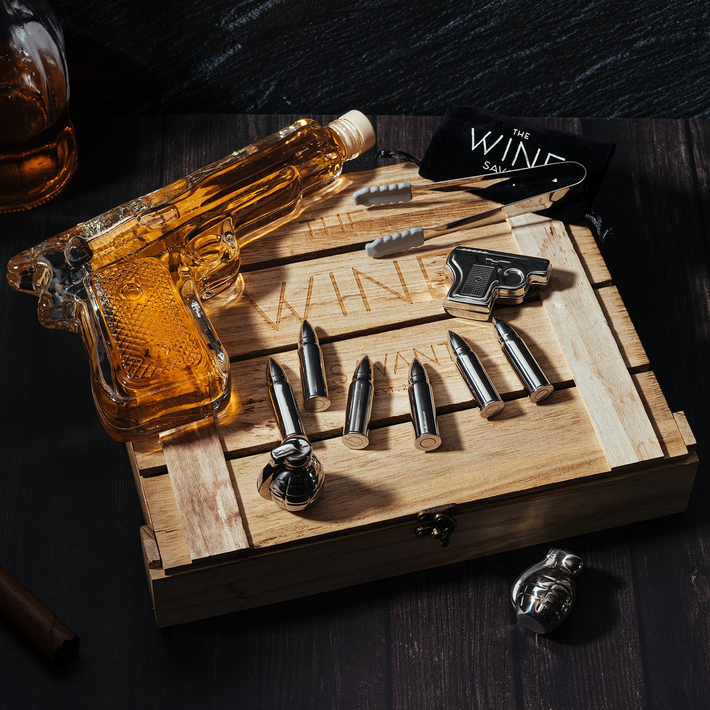 Gifts for Men Dad, Whiskey Decanter Set - 9 Oz with Two 2 Oz Glasses + Bullet Chillers Gun Birthday, Home Bar, Drinking Military Present Dispenser, Him Husband, Bar