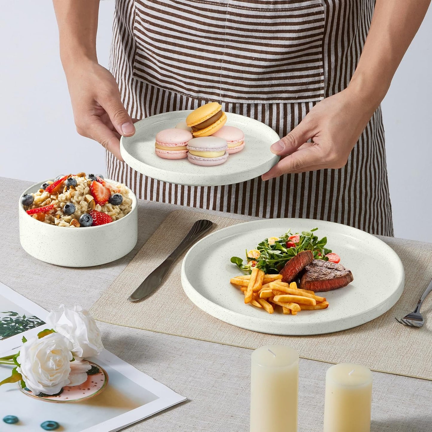 E-far Dinnerware Sets for 8, 24-Piece Stoneware Plates and Bowls Set, Modern Kitchen Dinning Dishware, Chip and Scratch Resistant, Microwave & Dishwasher Safe, Speckled White