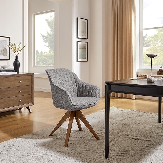 Art Leon Desk Chair - Mid Century Modern Office Chair No Wheels, Swivel Accent Chair with Oak Wood Legs, Fabric Upholstered Arm Chair, Gray