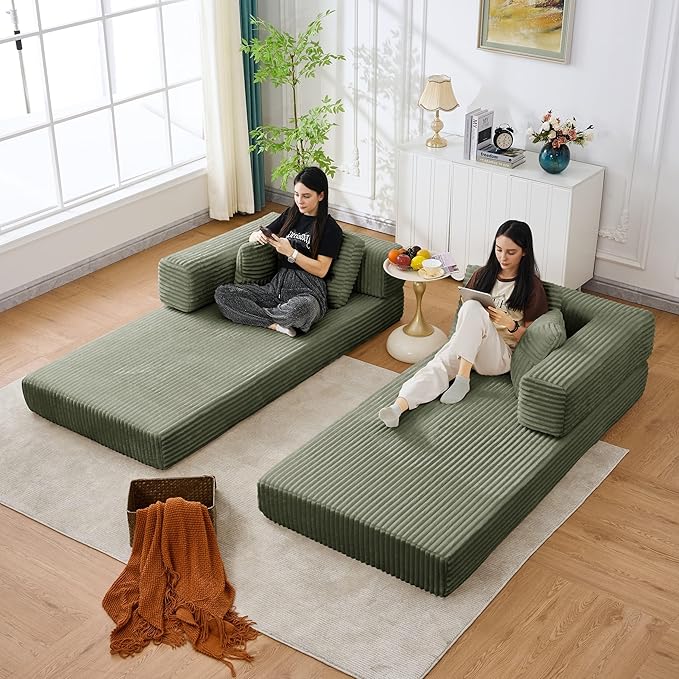 79.5" Folding Convertible Sofa Bed with Side Storage Pockets, 4-in-1 Corduroy Boneless Couch, No Assembly Loveseat Sleeper, Floor Sofa Daybed Futon Couch for Living Room Bedroom Lounge, Green Upgraded