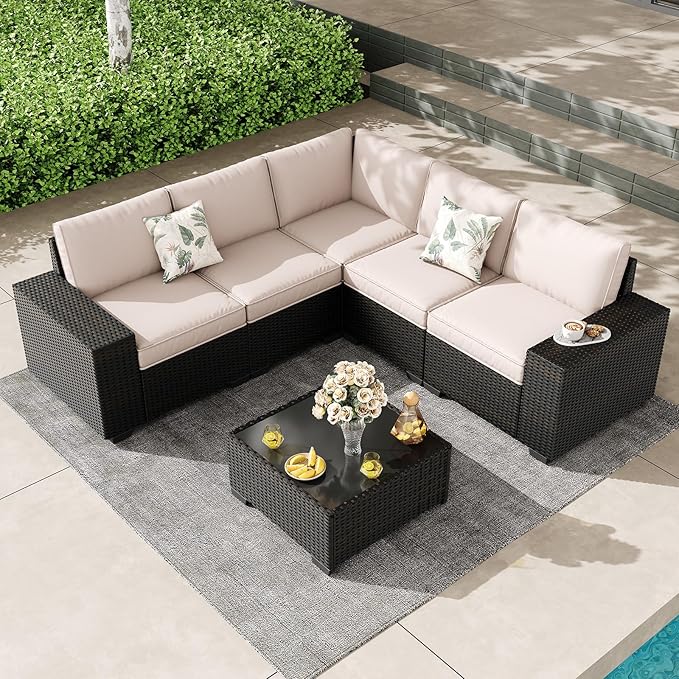 SunloungeCo Patio Furniture Set, 6 Pieces Outdoor Couch Sofa with Wider Armrests & Glass Coffee Table, Outdoor Sectional Furniture with Thick Cushions for Party, Poolside,Garden-Beige