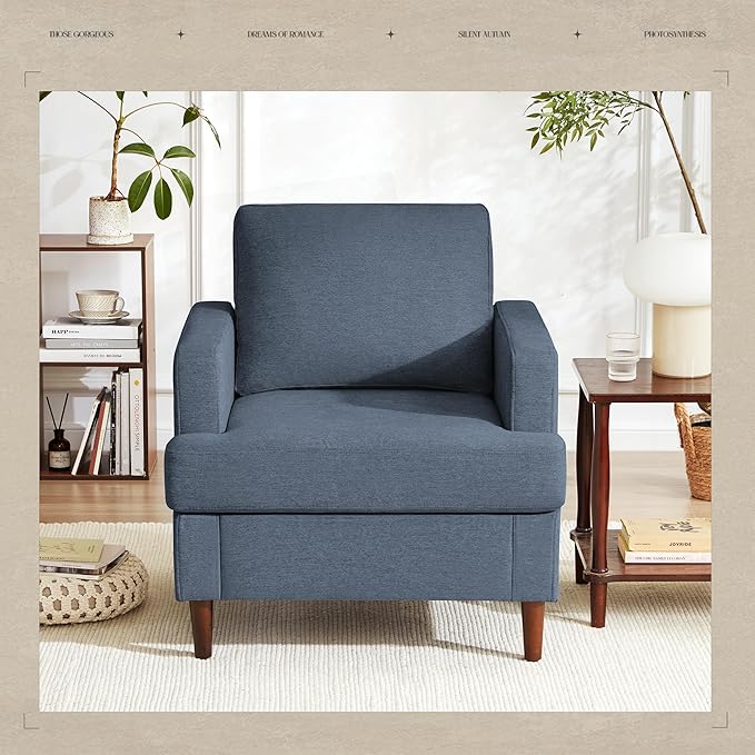 Weture Mid-Century Accent Chair, Comfy Upholstered Reading Accent Chairs for Bedroom, Modern Linen Fabric Armchair for Living Room, Single Sofa Chair with Wood Legs (Blue Grey, 2 Pack)