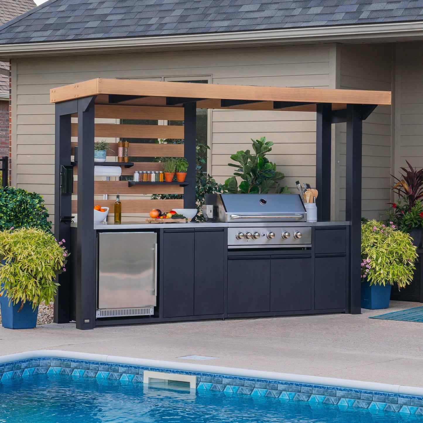 Backyard Discovery Fusion Flame Galvanized Steel Covered Outdoor Kitchen with 5-Burner Stainless, Grill, Refrigerator, Countertop, Storage, and, Roof for All-Season Outdoor Cooking, electric