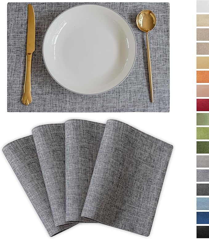 Demetex Grey Placemats Set of 4 Farmhouse Heat Resistant Linen Table Place Mats Washable Cloth Plate Mats for Party Picnic...