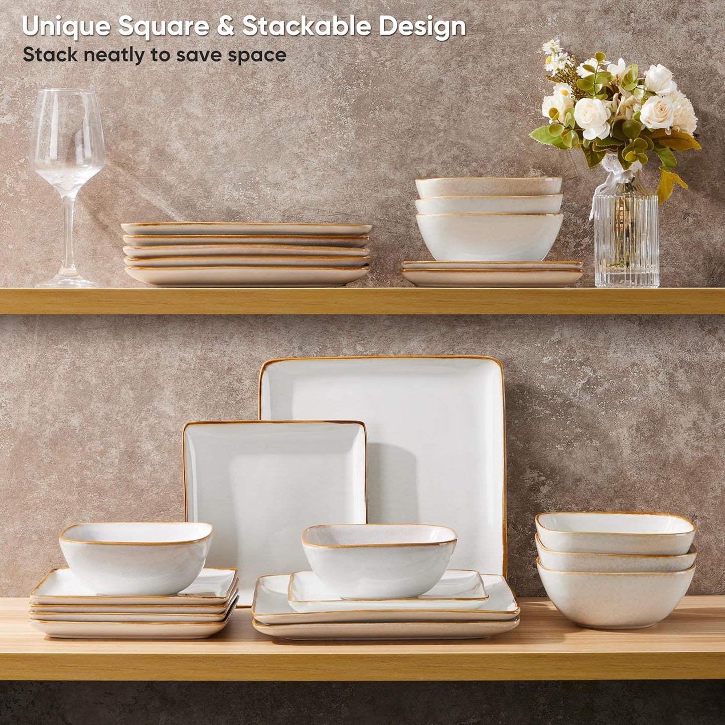 E-far Square Dinnerware Sets for 8, 24-Piece Stoneware Plates and Bowls Dishes Set, Reactive Glaze Porcelain Dishware Sets, Chip & Scratch Resistant, Microwave & Dishwasher Safe, Seashell White