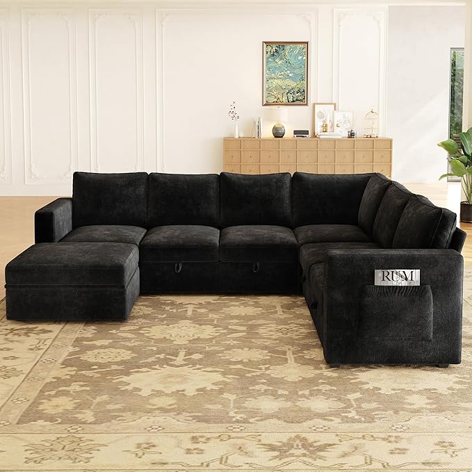 SUAWY 106.7" Sectional Sleeper Sofa with Pull Out Couch, Modern 7 Seat U Shaped Modular Couch, Sectionals Modular Sofa with Storage, Comfy Sectional Couches for Living Room & Apartment, Black