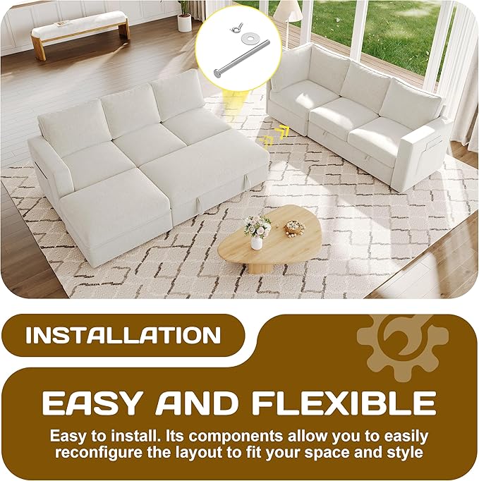SUAWY 106.7" Sectional Sleeper Sofa with Pull Out Couch, Modern 7 Seat U Shaped Modular Couch, Sectionals Modular Sofa with Storage, Comfy Sectional Couches for Living Room & Apartment, Beige