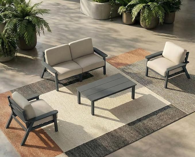 Patio Kingdom Patio Furniture Set with Washable Thick Beige Cushions, Coffee Table & Side Table, HDPE Outdoor Couch, All-Weather Outdoor Sectional Furniture, Patio Conversation Sets (Grey Frame)