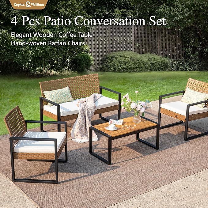 Sophia & William 4 Pieces Patio Conversation Set, Wicker Outdoor Furniture Set for 4, All Weather Outdoor Seating Set, Rattan Loveseat & Single Chairs with Cushions & Acacia Wood Coffee Table, Beige