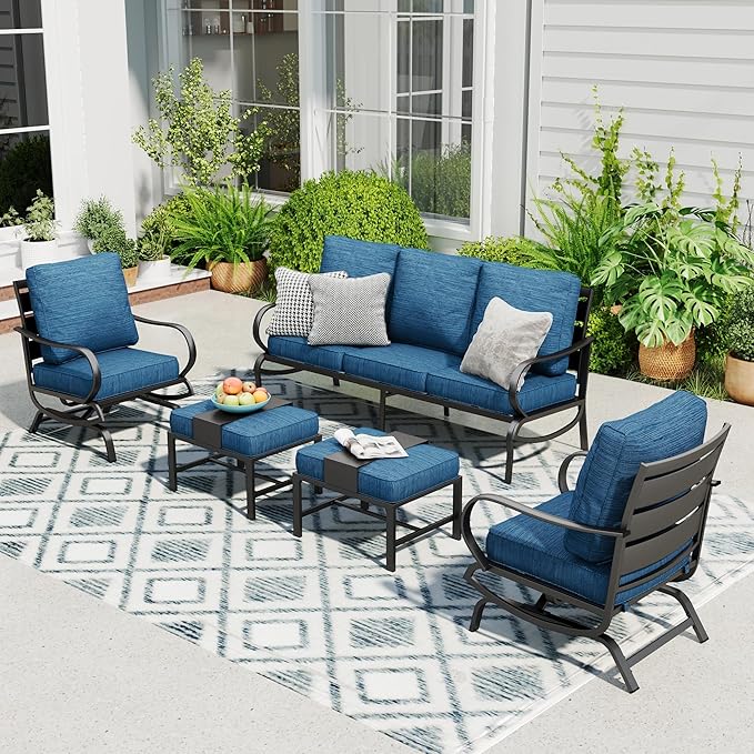 Sophia & William Patio Furniture Sets 5 Seats Outdoor Metal Conversation Sets 5 Pcs with 2 x Cushioned Swivel Sofa Chairs,1 x 3-Seat Sofa,2 x Ottomans for Coffee Lawn Backyard Poolside Peacock Blue