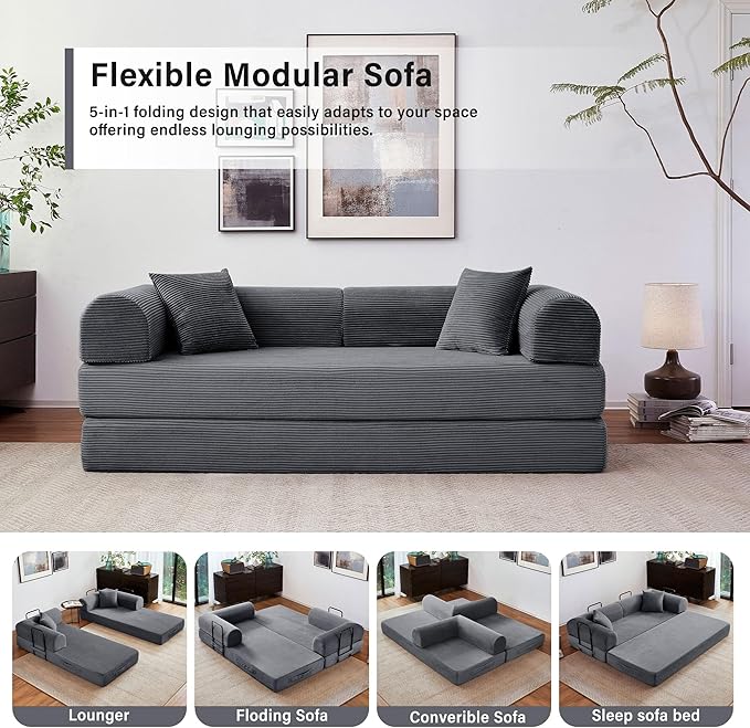 79" 5-in-1 Folding Convertible Sofa Bed, Oversized Corduroy Futon Floor Couch with Pull-Out Sleeper, Modular Boneless Loveseat for Small Spaces, Living Room, Bedroom (Dark Gray)