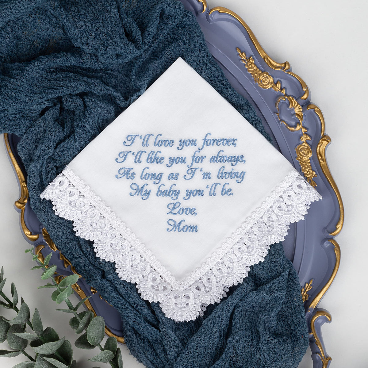 Something Blue Old New Borrowed Gift for Bride Handkerchief on Wedding Day to Daughter from Mom Cotton Bridal Hankie