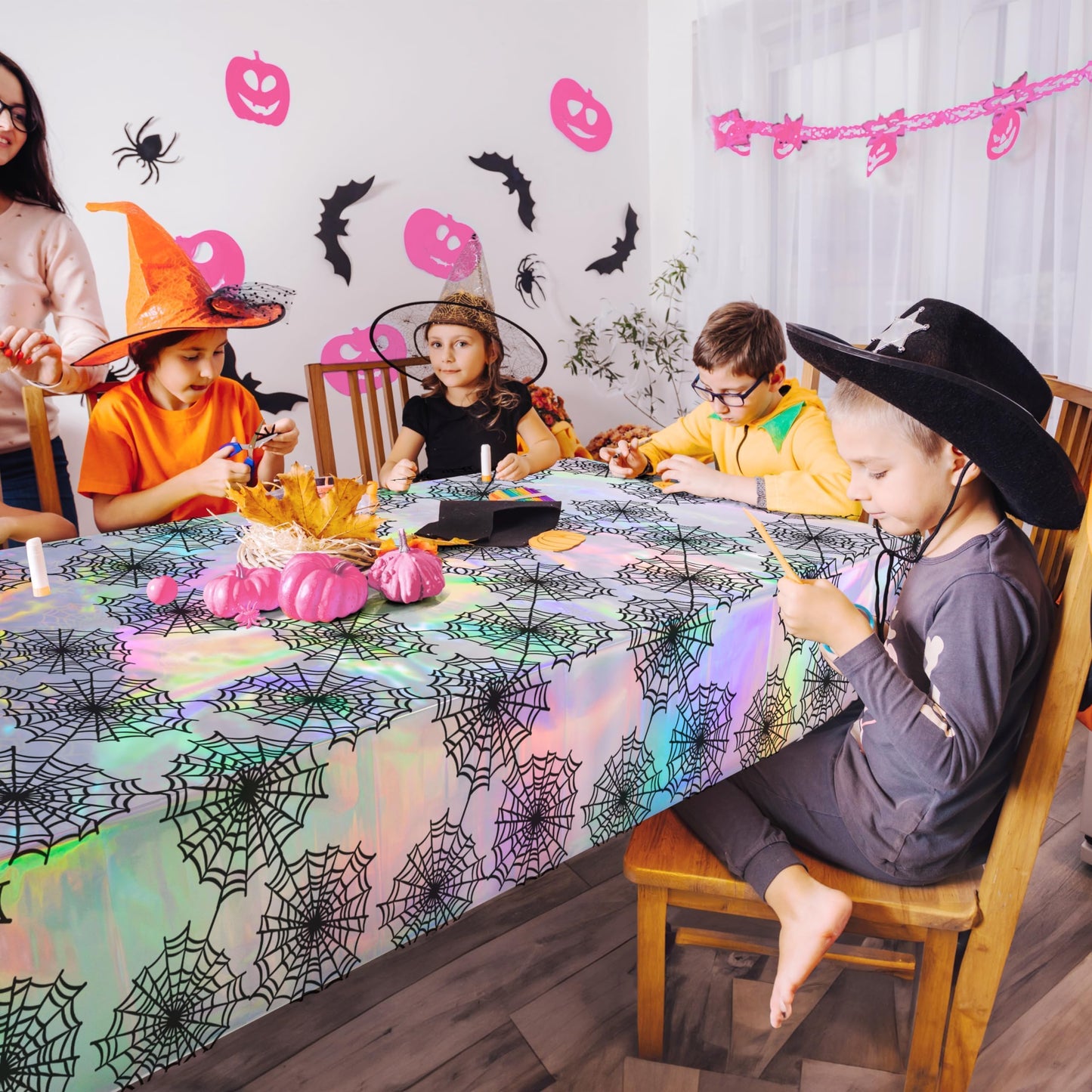 Cheerland Spiderweb Tablecloth Iridescent Holographic Foil Table Cover Halloween Party Decorations Disposable Plastic Cloth for Spooky Birthday Bachelorette Bridal Shower Halloween Party Supplies 2pcs