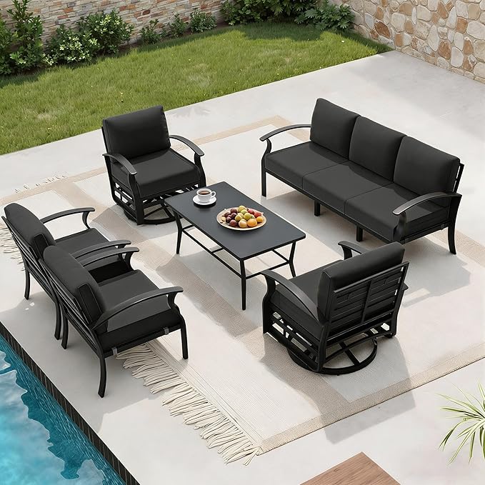 RTDTD Aluminum Outdoor Patio Furniture Set,7 Seats Patio Conversation Sets with Rectangular Coffee Table,Metal Patio Sectional Furniture Set with 2 Swivel Rocking Chairs,Black