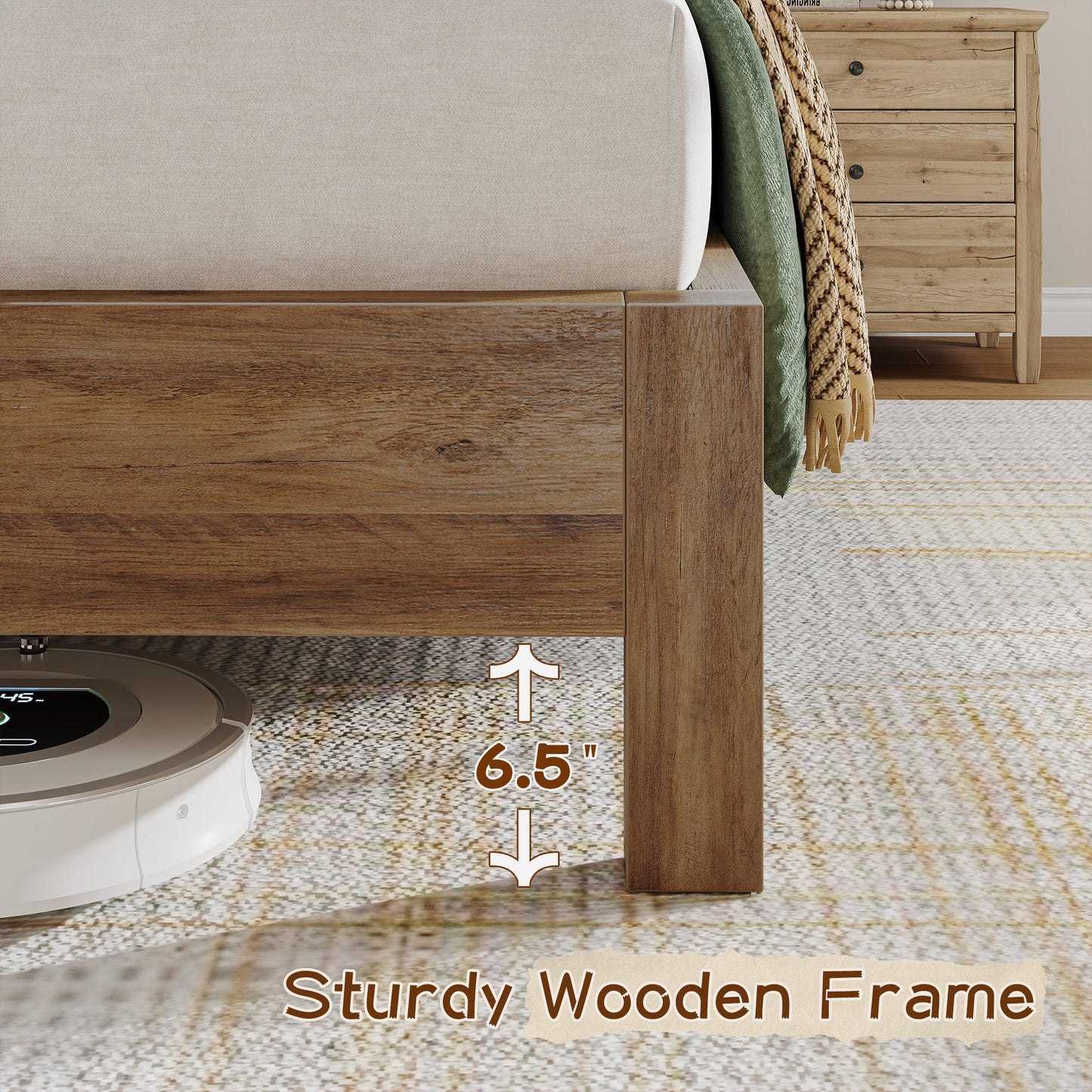 EnHomee Queen Bed Frame, Queen Size Bed Frame Solid Wooden Platform with Built in Charging Station & Upholstered Headboard LED, No Noise, Easy Assembly, No Box Spring Needed