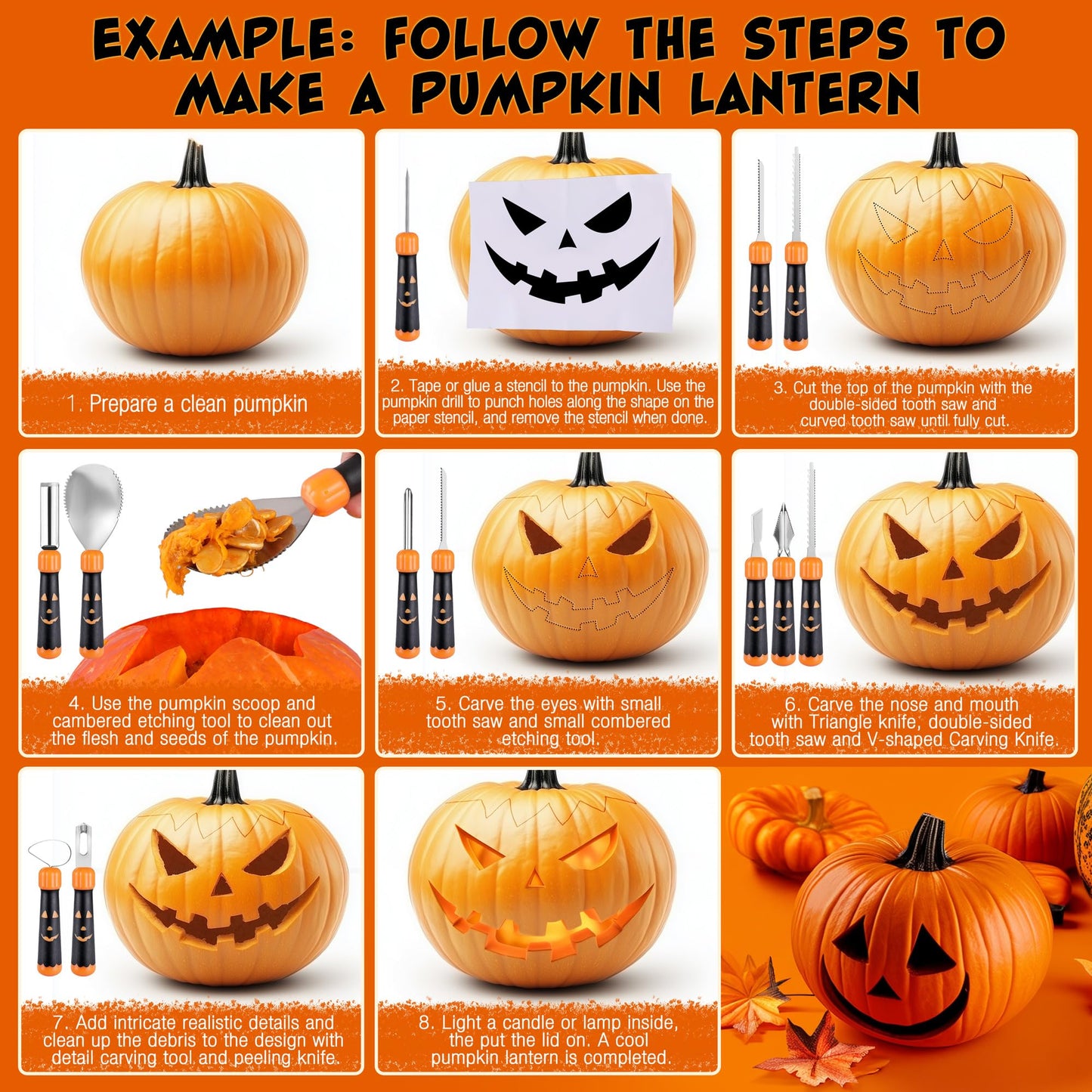 HAUSHOF 20PCS Halloween Pumpkin Carving Kit, 10PCS Professional Heavy Duty Stainless Steel Pumpkin Carving Tools with Carrying Case and 10 Pumpkin Carving Stencils for Halloween Jack-O-Lanterns