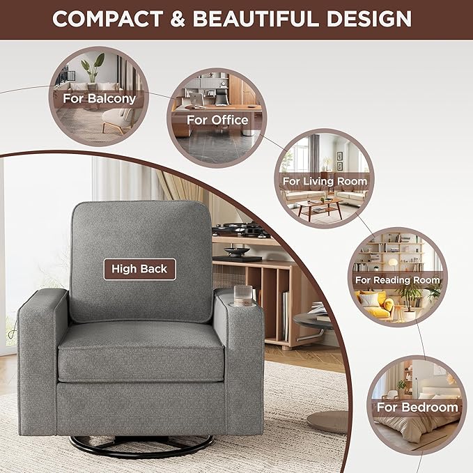 Swivel Square Accent Chair with Wide Armrests,360° Rotating Comfy Single Sofa Chairs with USB/Type-C,Cup Holder & Side Pocket,Modern Armchair for Living Room Bedroom Reading Lounge Nook,Light Grey | Swivel Accent Chair, with USB/Type-C, Cup Holder, Sid...