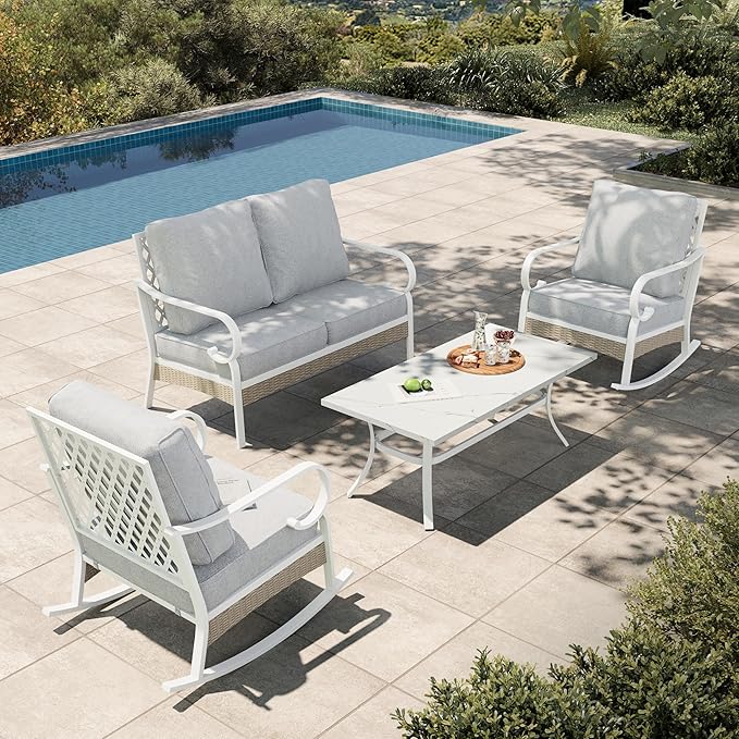HERA'S HOUSE 4-Piece Patio Furniture Set with Metal & Rattan Design, 2 Rocking Chairs, 2-Seat Lover Sofa & Marble Coffee Table, All-Weather Outdoor Conversation Set for Garden Backyard, Grey