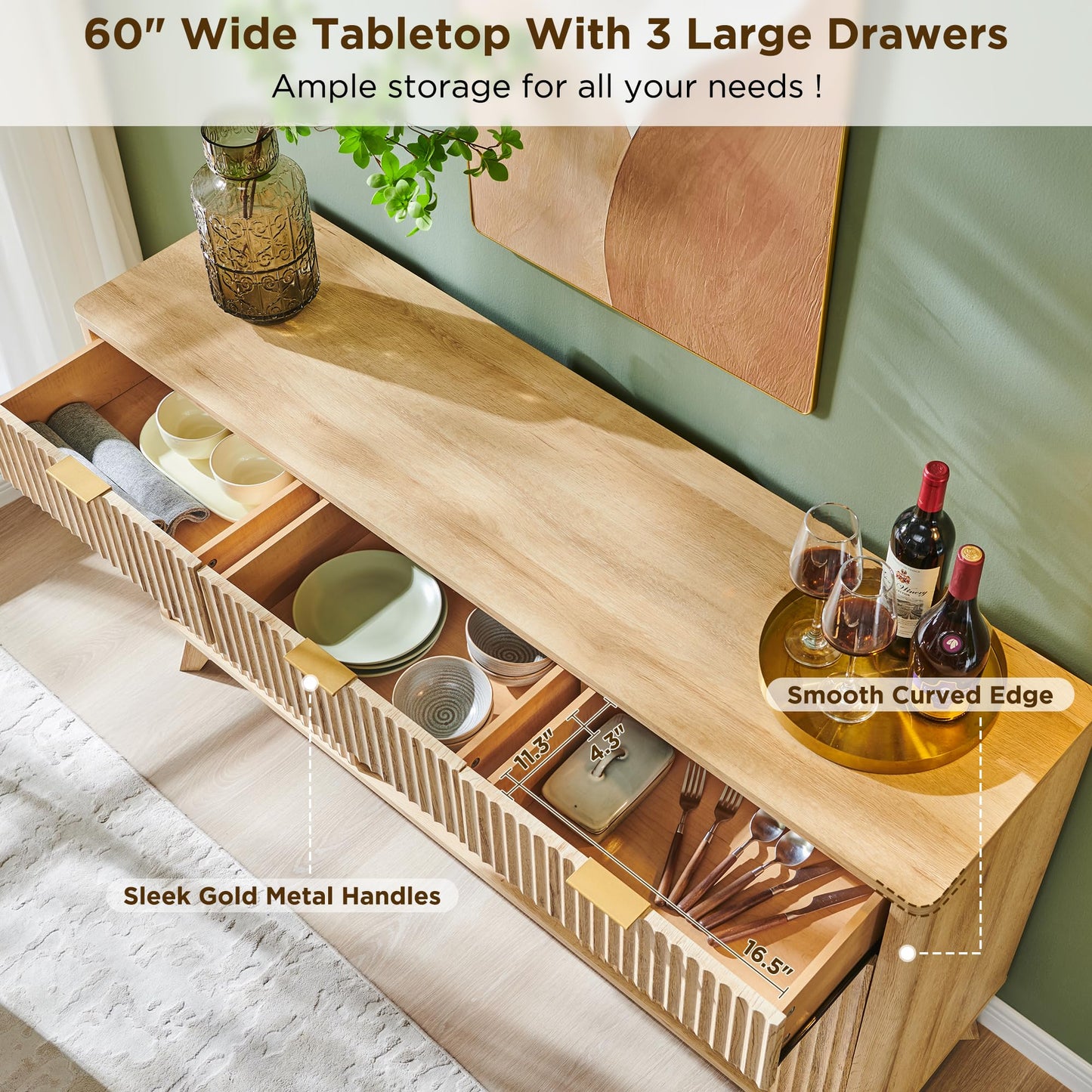 OKD 60" Fluted Buffet Cabinet with Storage - 3 Drawers and 2 Doors, Mordern Wine & Coffee Bar Cabinet with Wine and Glass Racks, Sideboard with Adjustable Shelves for Kitchen, Dining Room,Natural Oak
