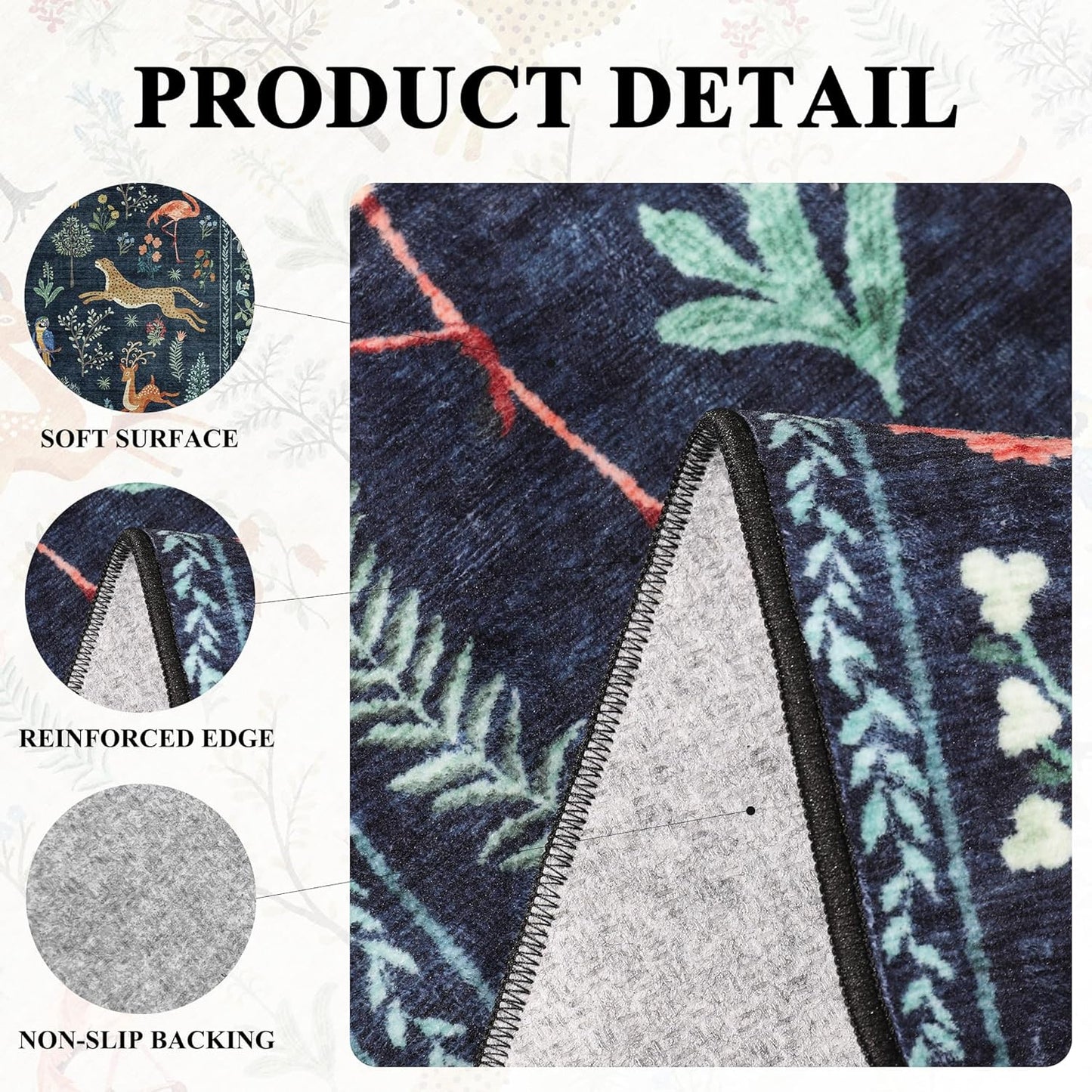 DUKINO 2.6x8 Rug for Hallway, Washable Kitchen Runner Rug with Non Slip Backing, Soft Low Pile Vintage Animal Runner for Bedroom, Kitchen, Hallway, Entryway, Laundry, Navy Blue