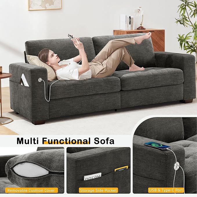 Hanherry 89" Sofa for Living Room, Modern Comfy Couch with Medium Firm Seat Cushion, Removable Cover,Wide Armrest,USB/Type-C Port,Chenille Fabric Couches for Small Space,Apartment