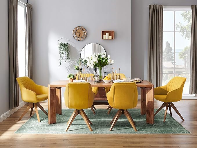 Art Leon Dining Chair, Mid Century Modern Fabric Upholstered Swivel Dining Room Chair with Wood Legs, Leisure Side Chair with Arms for Living Room, Yellow