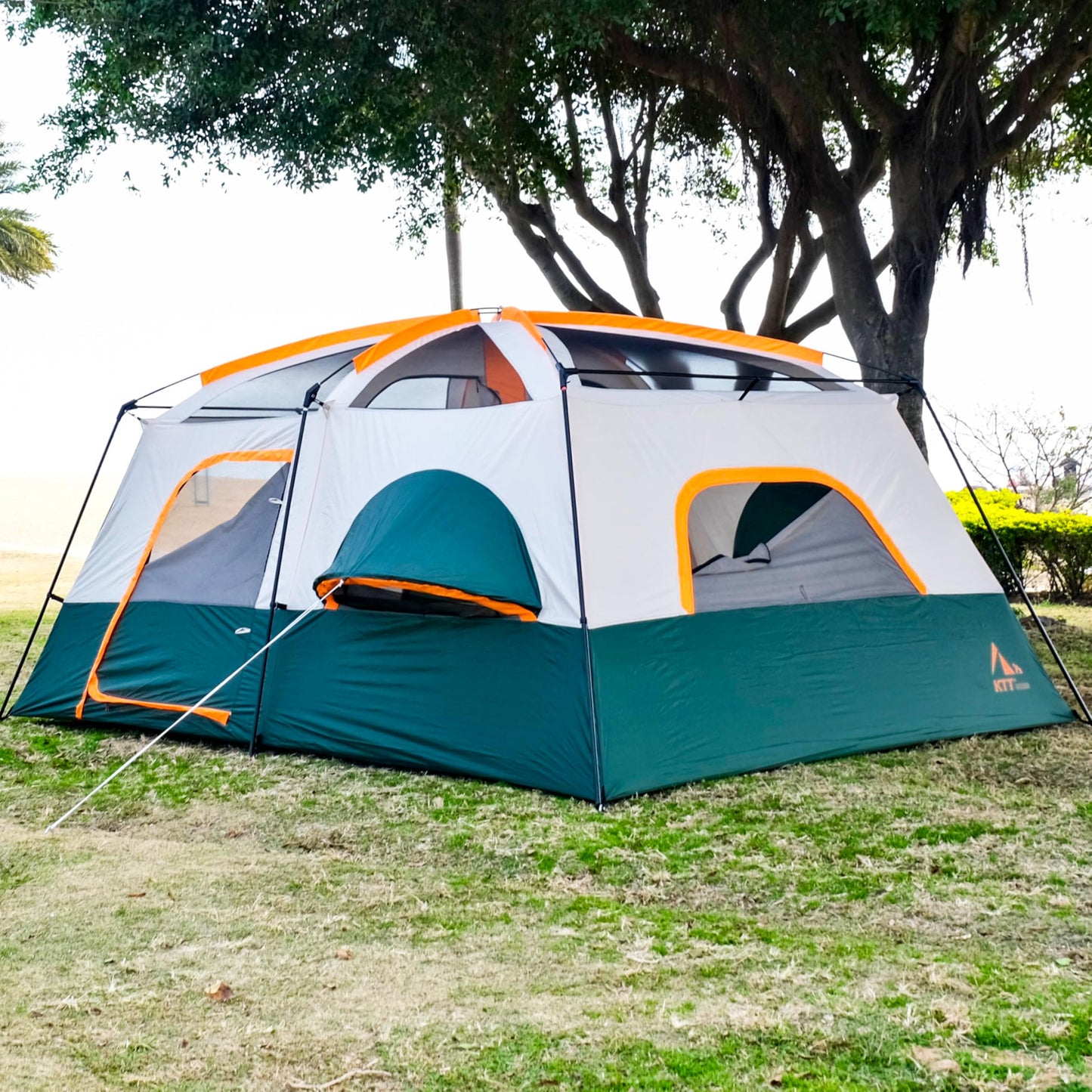 KTT Extra Large Tent 12 Person,Family Cabin Tents,Full Rainfly,2 Bay-Windows,2 Rooms and 3 Doors 3 Windows with Mesh,Waterproof,Straight Wall,Double Layer,Big Tent for Outdoor,Picnic,Camping(Green)