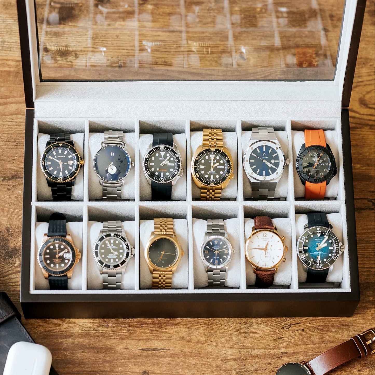 CASE ELEGANCE Solid Espresso 12 Slot Wood Watch Box Organizer with Glass Display Top