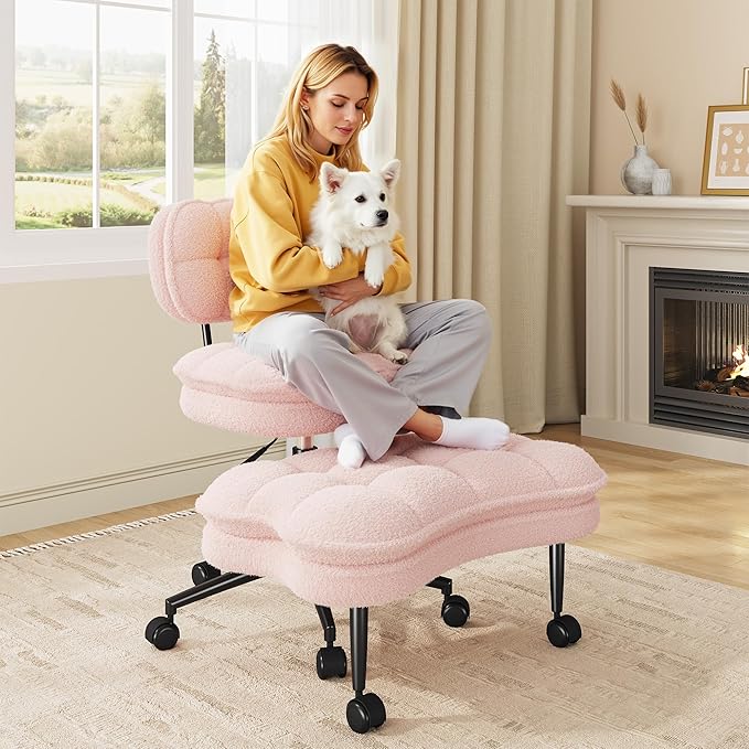 Ergonomic Cross Legged Office Chair, 360° Swivel Meditation Kneeling Chair with Wheels, ADHD Chair with Height Adjustable Seat for ADHD,Relaxation, Home Office,Pink