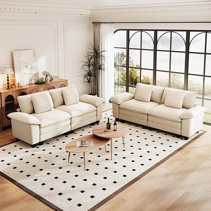 PHI VILLA Cloud Modular Couches Sets, 2 Pieces Sectional Loveseat Sofa Set, 4-Seater Comfy Couch for Living Room Apartment, Chenille Fabric, Beige