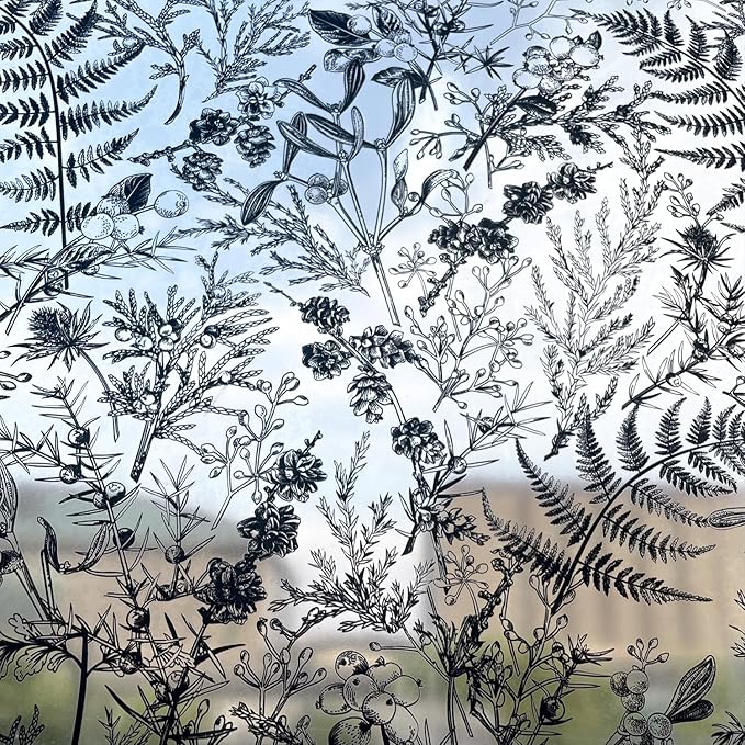 Winter Translucent Stained Window Film, Non Adhesive Floral Window Decals, Glass Door Covering Clings for Home Decorative, 16.93" W Engraved Monochrome Fern