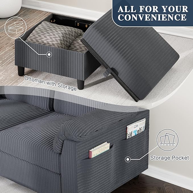 Meilocar Sectional Couches for Living Room, L Shaped Couch with Side Storage Pockage, Comfortable 3 Seat Sofa Couches for Apartment, Grey