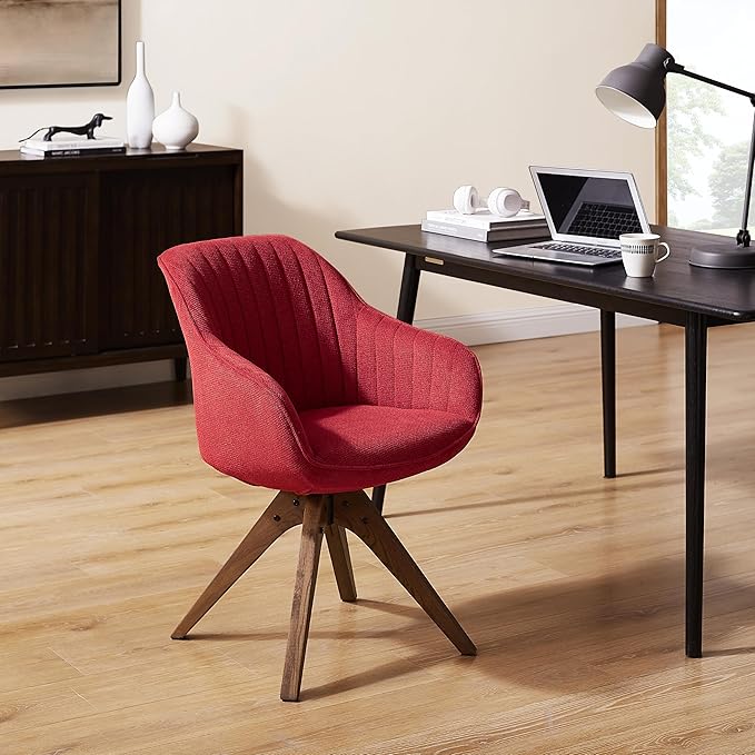 Art Leon Dining Chair - Mid Century Modern Fabric Upholstered Swivel Dining Room Chair with Wood Legs, Leisure Side Chair with Arms for Living Room, Red