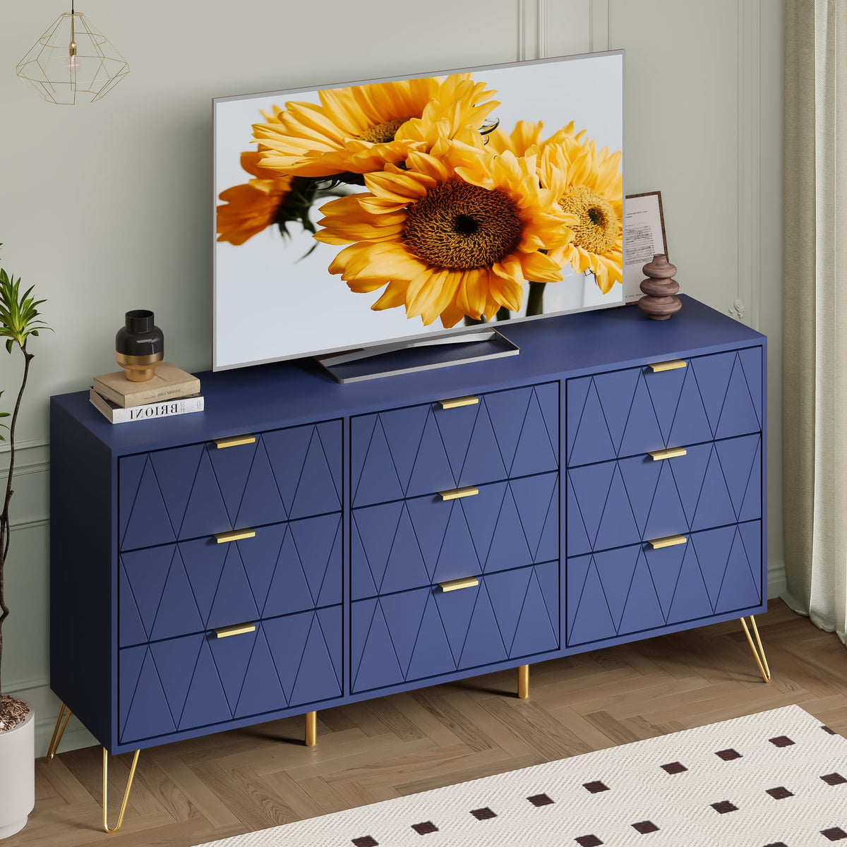 Anbuy Bedroom Sets 3Pcs Navy Blue Modern Nightstand Sets and 9 Drawer Dresser for Bedroom, Two Drawers Nightstand Set of 2 & 9 Drawer Dresser Combo 3 Pieces (Navy Blue)