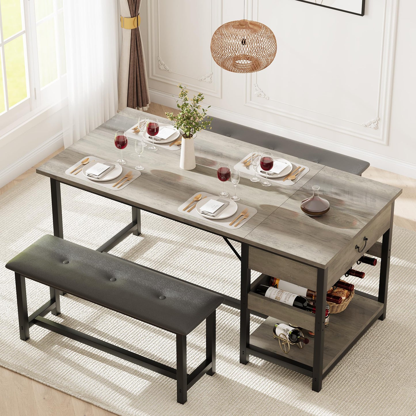 Dining Table Set for 4 People, Kitchen Table Set with 2 PU Leather Upholstered Benches, MDF Wood Board Dining Room Table Set with Drawer & Wine Rack for Breakfast Nook, Apartment, Small Spaces