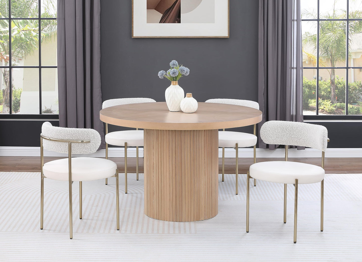 Meridian Furniture 728Oak-T Belinda Collection Mid-Century Modern Dining Table, Solid Wood Base, Natural Finish Oak Wood Veneer MDF Top, Round Top, Fluted Base, 48" W x 48" D x 31" H, Oak