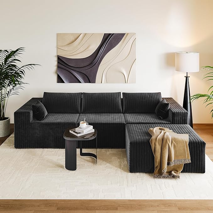 CABZOON 110" Cloud Couch Sectional for Living Room L-Shape Boneless Couches Modular Sectional Sofa with Deep Seat with Chaise,No Assembly Required,Carbon Black(Plush Corduroy Fabric)