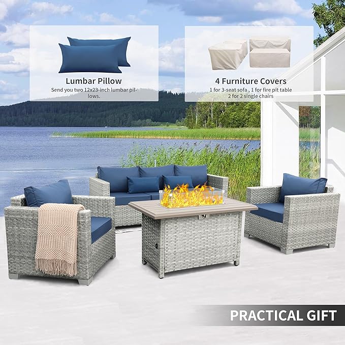 WAROOM Patio Furniture Set 4 Piece Wicker Conversation Sets PE Rattan Chair Outdoor Couch Sectional Sofa with Fire Pit Table, Navy Blue Cushion